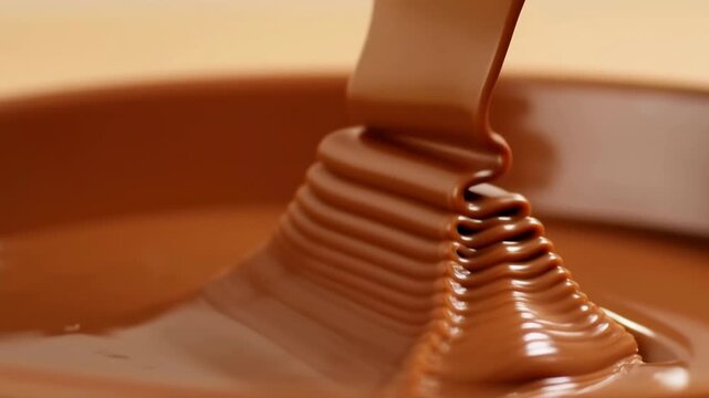 Glossy melted chocolate flows through a dipping tool in a shallow container, forming layered ripples. Confectionery advertising, dessert product promotion, and bakery marketing.