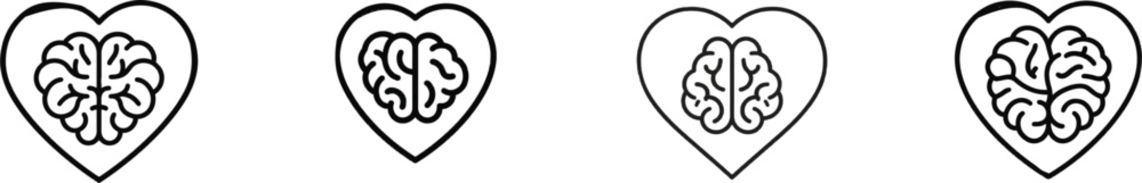 A minimalist black and white flat vector illustration of a brain icon inside a heart frame represents emotional intelligence, symbolizing the balance between rational thought and empathy
