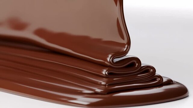 Glossy chocolate liquid slowly folds and spreads across a clean light studio surface. Food advertising, chocolate product promotion, and confectionery packaging.
