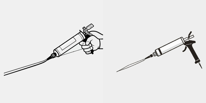 A hand skillfully applies a clean bead of silicone sealant using a black-and-white flat vector illustration of a caulk gun