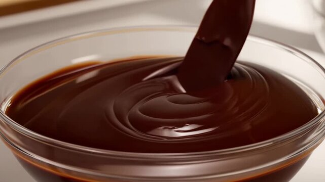 Spatula stirring glossy melted chocolate in a clear glass bowl on a kitchen preparation surface. Dessert recipe videos, baking tutorials, and confectionery advertising.