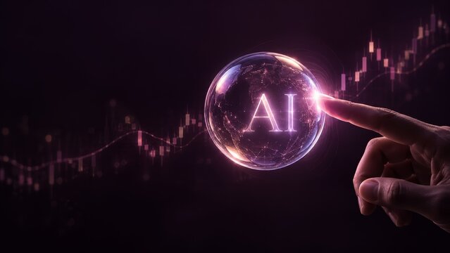 Ai bubble at risk of collapse as a human finger touches a glowing financial sphere over a rising stock chart, symbolizing AI boom speculation, investment risk, inflated valuations and correction fears