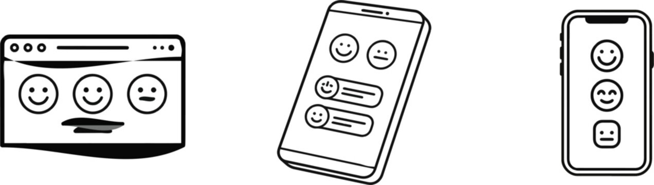 A minimalist black and white vector illustration of a mental health app dashboard features three mood tracker icons: happy, calm, and neutral, set against a pure white background with minimal line art