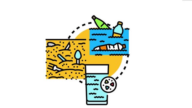 Plastic debris contaminating ocean, land, and drinking water, global environmental crisis with plastic bottles, disposable cutlery, and harmful microplastic particles
