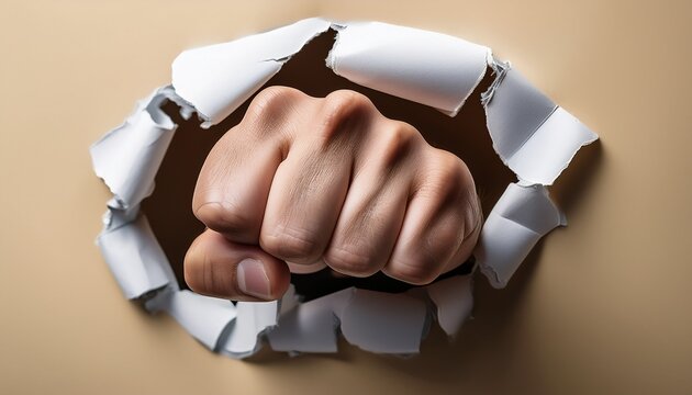 a clenched fist punches through a torn paper barrier symbolizing breakthrough resistance and determination