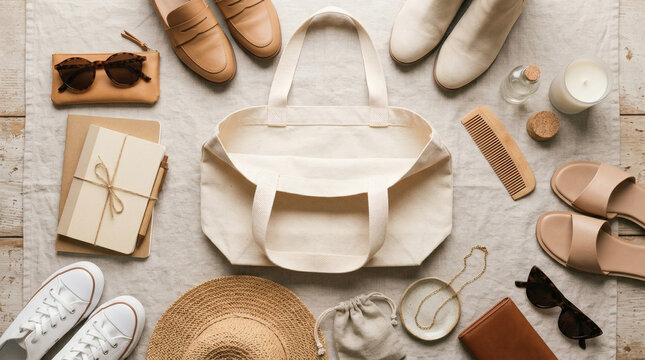 Flat lay of travel essentials and accessories on a neutral background