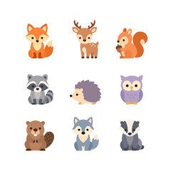 Fototapeta premium Cute Woodland Forest Animals Flat Vector Illustration Set