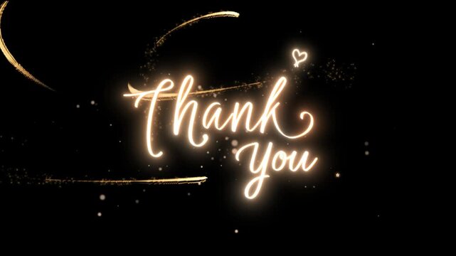 Glowing thank you text animation with golden particles and light trails on black background