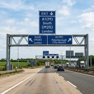 Major Highway Junction With Directional Signs Leading To London And Peterborough