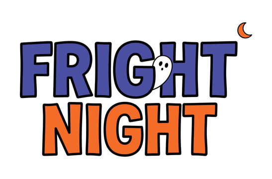 A vibrant and spooky 'fright night' logo featuring bold typography and a playful ghost illustration