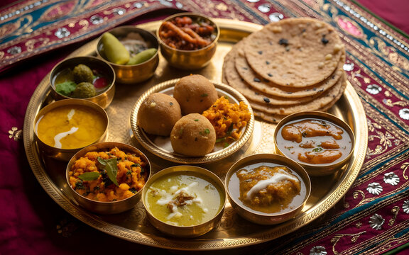 Traditional Rajasthani Thali Featuring Dal Baati Churma, Gatte Ki Sabzi, Ker Sangri, Bajra Roti, Papad and Pickles Served on Ornate Brass Plate, Authentic Royal Desert Cuisine