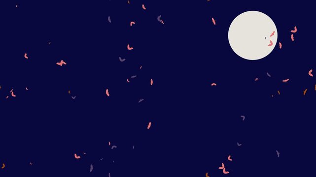 Bats swarm flapping pixel wings flying across dark night sky under full moon animation for retro video background