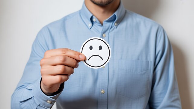 Man holding a sad face symbol to represent customer dissatisfaction and negative feedback