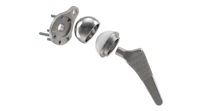 Exploded total hip replacement implant with acetabular cup femoral stem and prosthetic components isolated on white background