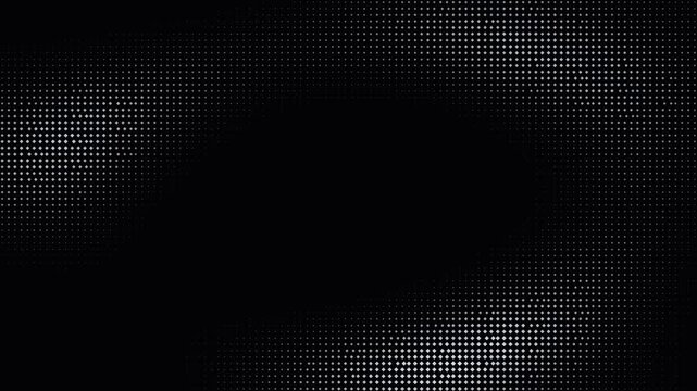 Screen print halftone dots with illuminated phosphor glow rotating across dark textured matrix for retro video transition overlay
