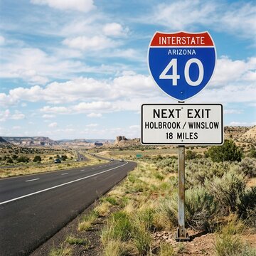 Interstate 40 Arizona Road Sign Next Exit 18 Miles In Desert Landscape