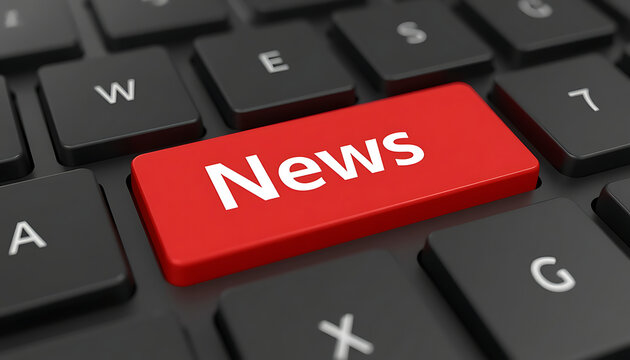 A bright red news button on a black computer keyboard
