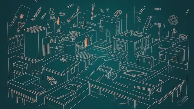 Abstract digital blueprint animation with orange pencil accent on teal background