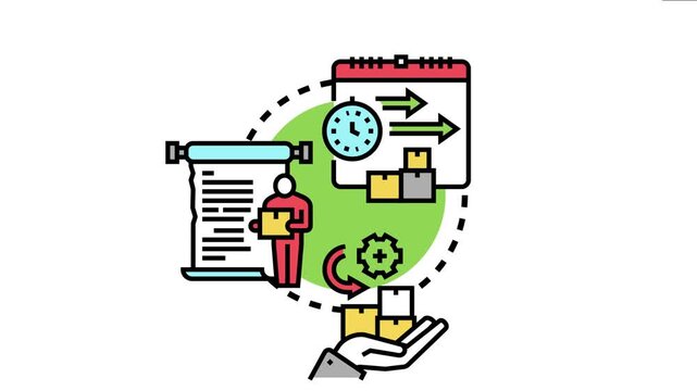 Project management concept visualizing a person listing tasks, managing deadlines with a calendar and clock, delivering boxes, and receiving final items, a complete workflow