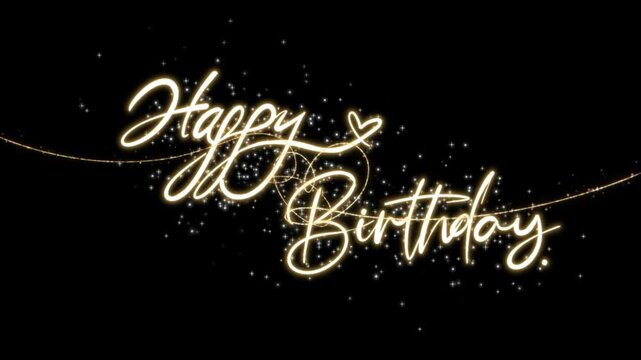 Golden glowing happy birthday script lettering animation appearing against a dark black background