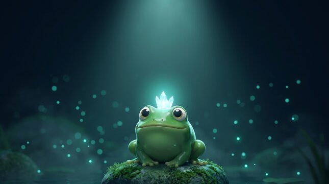 Magical green frog king wearing a glowing white crystal crown, cute amphibian with large eyes sitting on mossy rock, mystical fairy tale fantasy concept, enchanting forest atmosphere