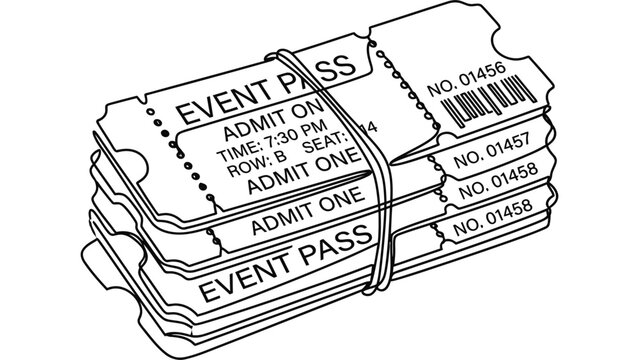 Black and white line art illustration of a stack of event tickets bound together.