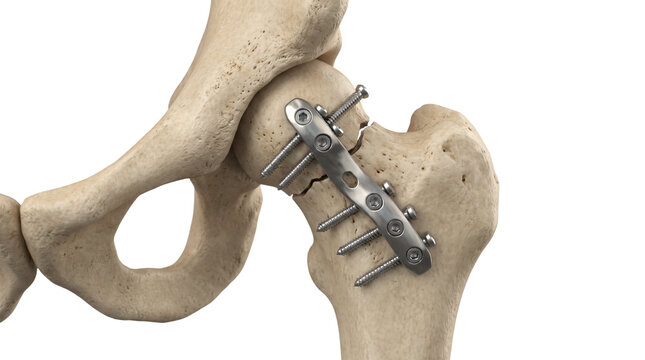 3D human hip fracture fixation with orthopedic metal plate and surgical screws showing pelvic bone repair isolated on white background