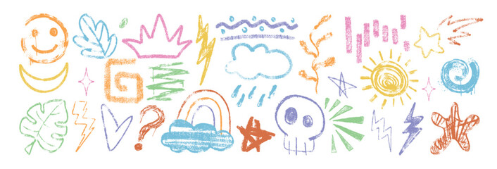 Fototapeta premium Hand drawn colorful crayon doodle kid elements, line shapes, squiggles. Set of chalk pencil texture cute baby summer icons. Freehand charcoal leaves, rainbow, stars, childish scribbles in sketch style