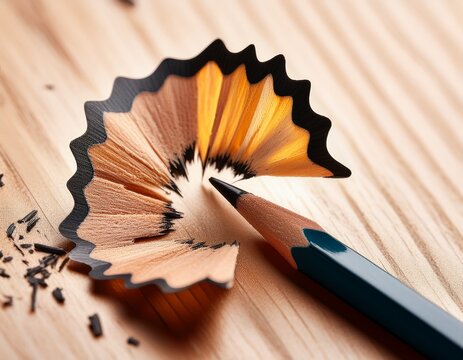 close up of a sharpened pencil with graphite and wood shavings