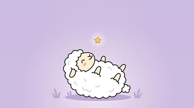 Cute cartoon sheep sleeping peacefully, adorable lamb lying down on grass, kawaii animal illustration, purple background with star, sleep概念, baby goat character design, vector graphics