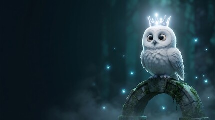 Fototapeta premium Magical white owl wearing a glowing crystal crown, perched on a mossy stone archway in a mysterious forest of floating blue lights