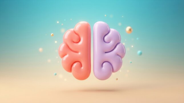 3D icon of a human brain with split pink and purple hemispheres surrounded by glowing particles