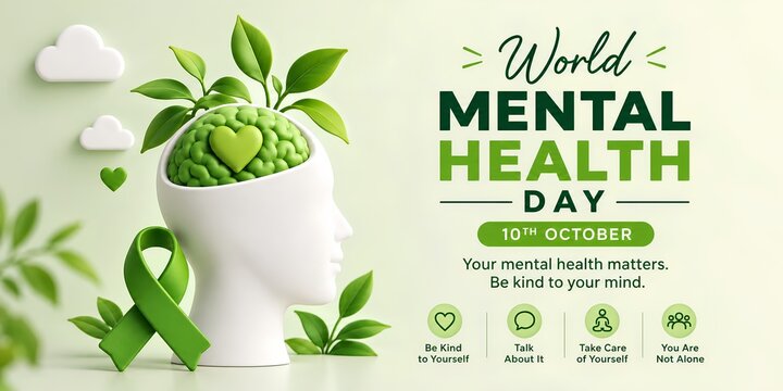 World mental health day concept with human head silhouette and green brain foliage mental awareness cognitive health