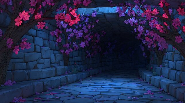 Pink cherry blossoms framing a serene blue pond with stone lanterns water