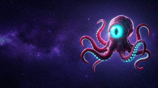 Neon Cyberpunk Octopus With Glowing Eye Against Deep Purple Space Galaxy Background. Sci-Fi Alien Creature Concept, Futuristic Vector Illustration