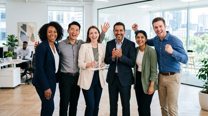 Fototapeta premium A diverse group of professionals celebrating success with smiles and raised fists, symbolizing teamwork and achievement in a modern office setting