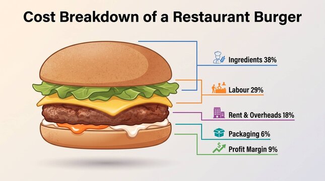 Infographic showing cost breakdown percentages of a restaurant burger ingredients and expenses