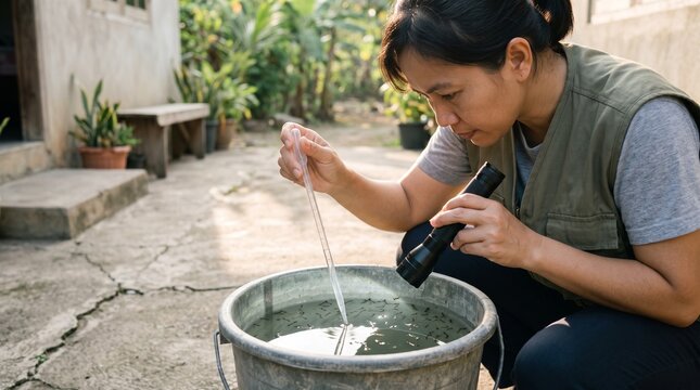 Health officer inspecting mosquito larvae in water bucket with pipette and flashlight highlighting dengue fever prevention control.