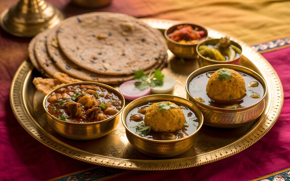 Traditional Rajasthani Thali Featuring Dal Baati Churma, Gatte Ki Sabzi, Ker Sangri, Bajra Roti, Papad and Pickles Served on Ornate Brass Plate, Authentic Royal Desert Cuisine