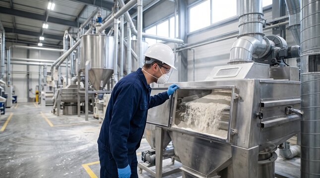 Factory operator inspecting automated flour milling machinery process in modern food processing plant highlighting industrial quality control.