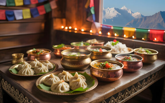 Traditional Sikkimese Thali Featuring Steaming Momos, Rich Thukpa Soup, Fermented Vegetables and White Rice Served in Handcrafted Wooden and Copper Bowls, Authentic Himalayan Cuisine