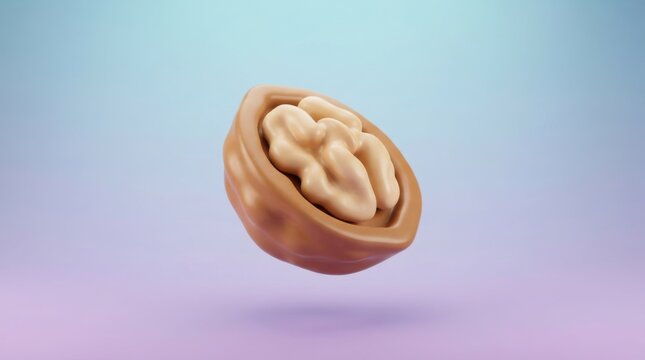 Cracked walnut shell 3d icon revealing tasty kernel inside for healthy food and nutrition concepts