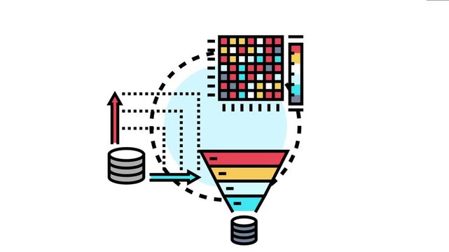 Live data visualization dashboard process analyzing digital information flow, collecting data, filtering analytics, and monitoring results for business intelligence and financial reporting