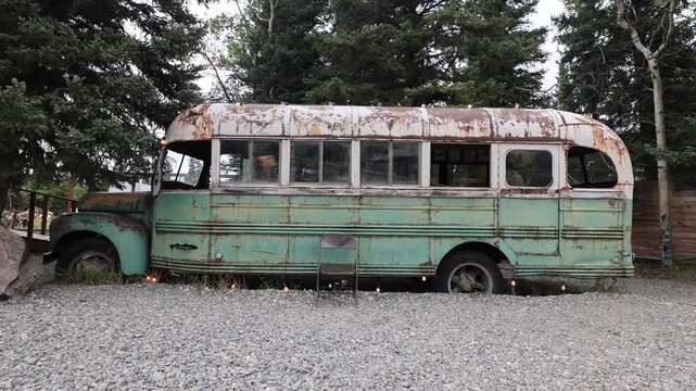 View of a rusted vintage green and white bus parked in a wooded area at Denali National Park and Preserve in Alaska, United States.
