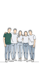 Fototapeta premium Stylized illustration of a group of five people standing together, symbolizing friendship, community, and unity, with ample free space for text.