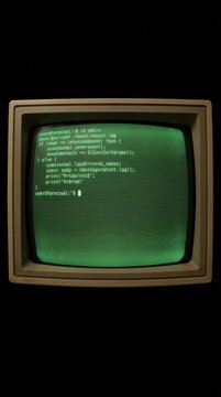 Retro computer terminal with green glowing code on a CRT screen