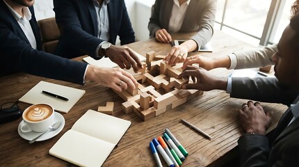 Fototapeta premium Diverse Business People Building Wooden Block Puzzle in Office Meeting for Teamwork and Strategy Concept
