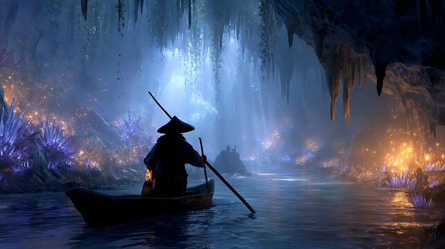 Single person rowing small boat on calm water during twilight with city lights