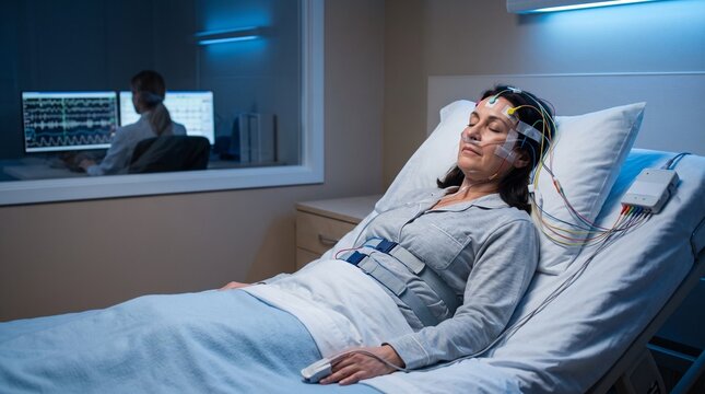 Female patient undergoing polysomnography sleep study test in clinical laboratory representing sleep apnea diagnosis and brain wave monitoring.