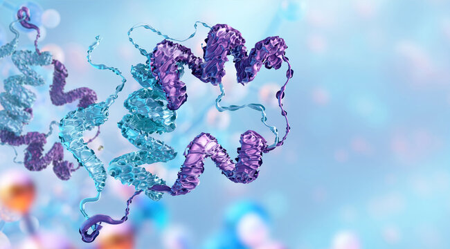 Protein structure, insulin, GLP-1 and diabetes therapy concept featuring an abstract biomolecule 3D background with copy space. Peptide medicine, metabolic research, biotechnology and drug development
